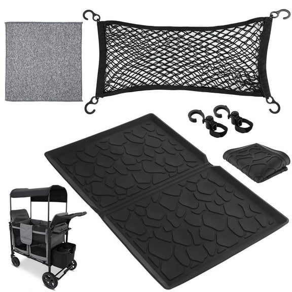 All-weather Mat for Wagon, Foldable Mat Compatible with Wonderfold W4 Wagon, 5 PCS Wagon Cart Accessories, Non-slip Silicone Mat, Cleaning Cloth, Stretchable Cargo Net, 2 Hooks