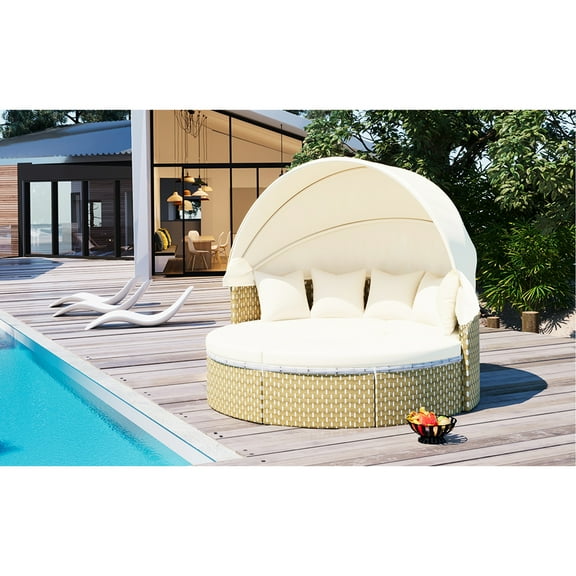 All-weather Outdoor Daybed Sectional, Beige With Retractable Canopy, Adjustable Table, And Frame Patio Furniture Daybed, Cushions, Weather For Use