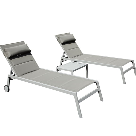 All-weather Outdoor Yard Lounge : 3 Aluminum Chairs With Covering. Side Table & Wheels, Adjustable Recliner. Gray For Poolside, Beach, Balcony Recliner Cushion. Adjustable. All-weather, Pool, Yard,