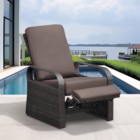 All-weather PE rattan outdoor lounge chair, rattan patio lounge chair with adjustable backrest and comfortable cushions, single chair suitable for garden and terrace