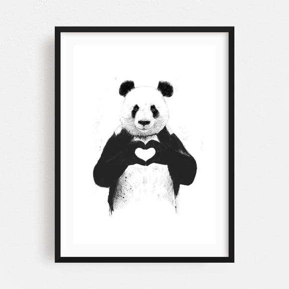 All you need is love - Illustration Black and White Animal Wildlife Minimalist Sketch Black Framed Wall Art Print 12 x 18 inches