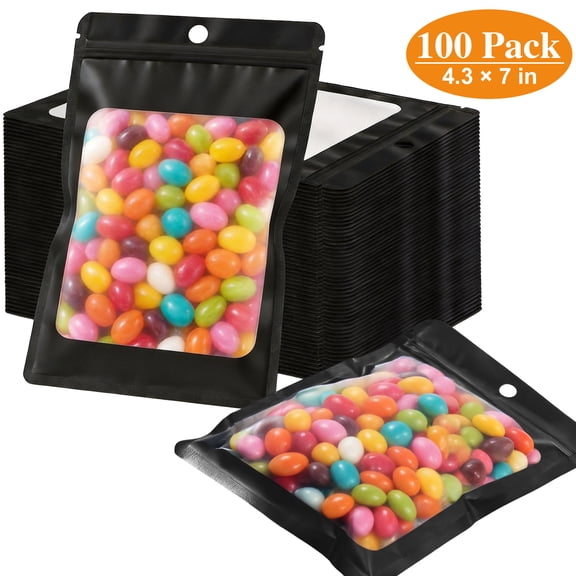 AllAreN 100 Pcs Mylar Bags, 4"x7" Foil Pouches with Clear Window, Resealable Bags for Small Business Food Storage Packaging Supplies, Black