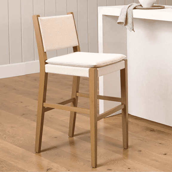 allforwood Jayden Wooden Upholstered Height Barstool 41" for Kitchen with Solid Rubberwood Legs in a Embossed Brushed, Natural Flax, Mid Century Design (Light Brown Finish)