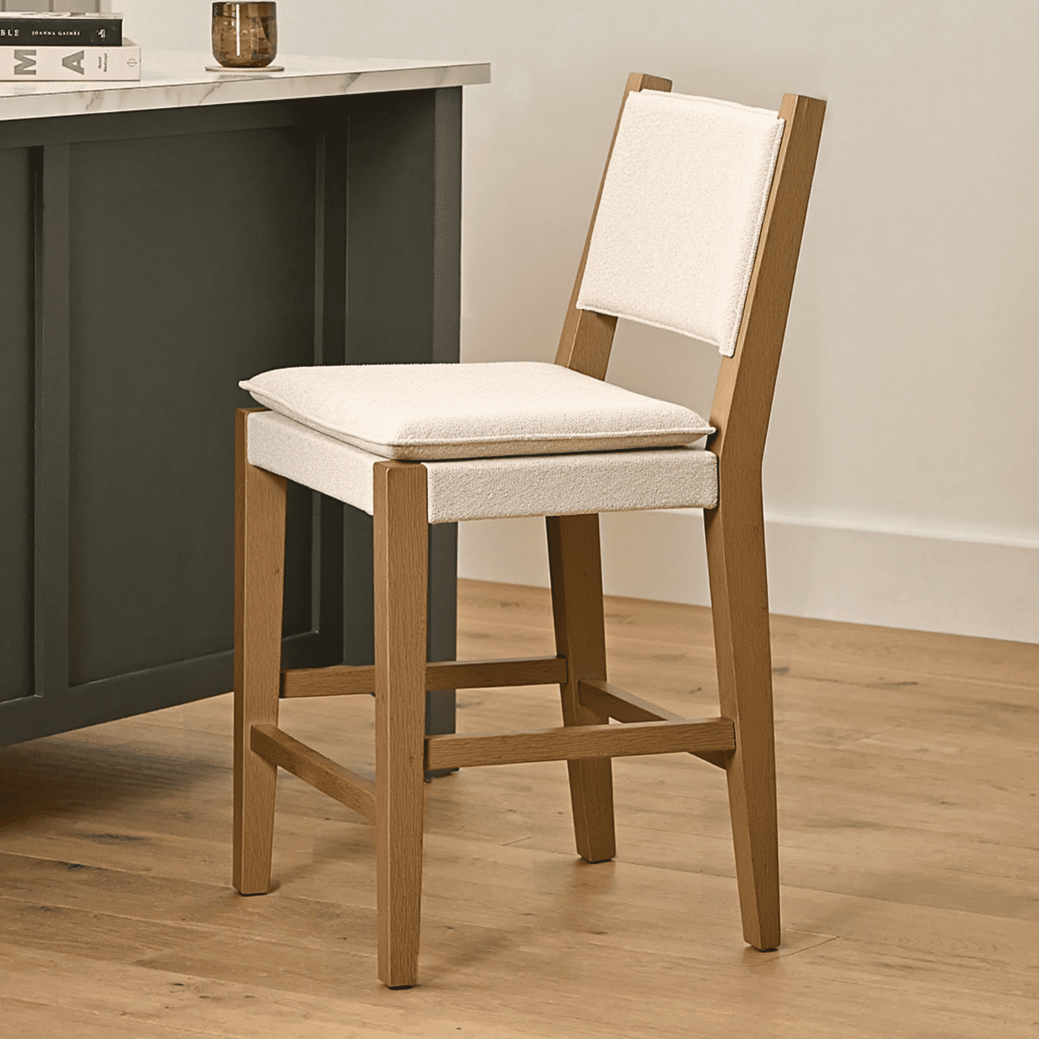 AllForWood Jayden Modern Upholstered Dining Chair, Counterstool, Dining Seating with Solid Rubberwood Legs in a Embossed Brushed Light Brown Finish, Natural Flax, Mid Century Design.