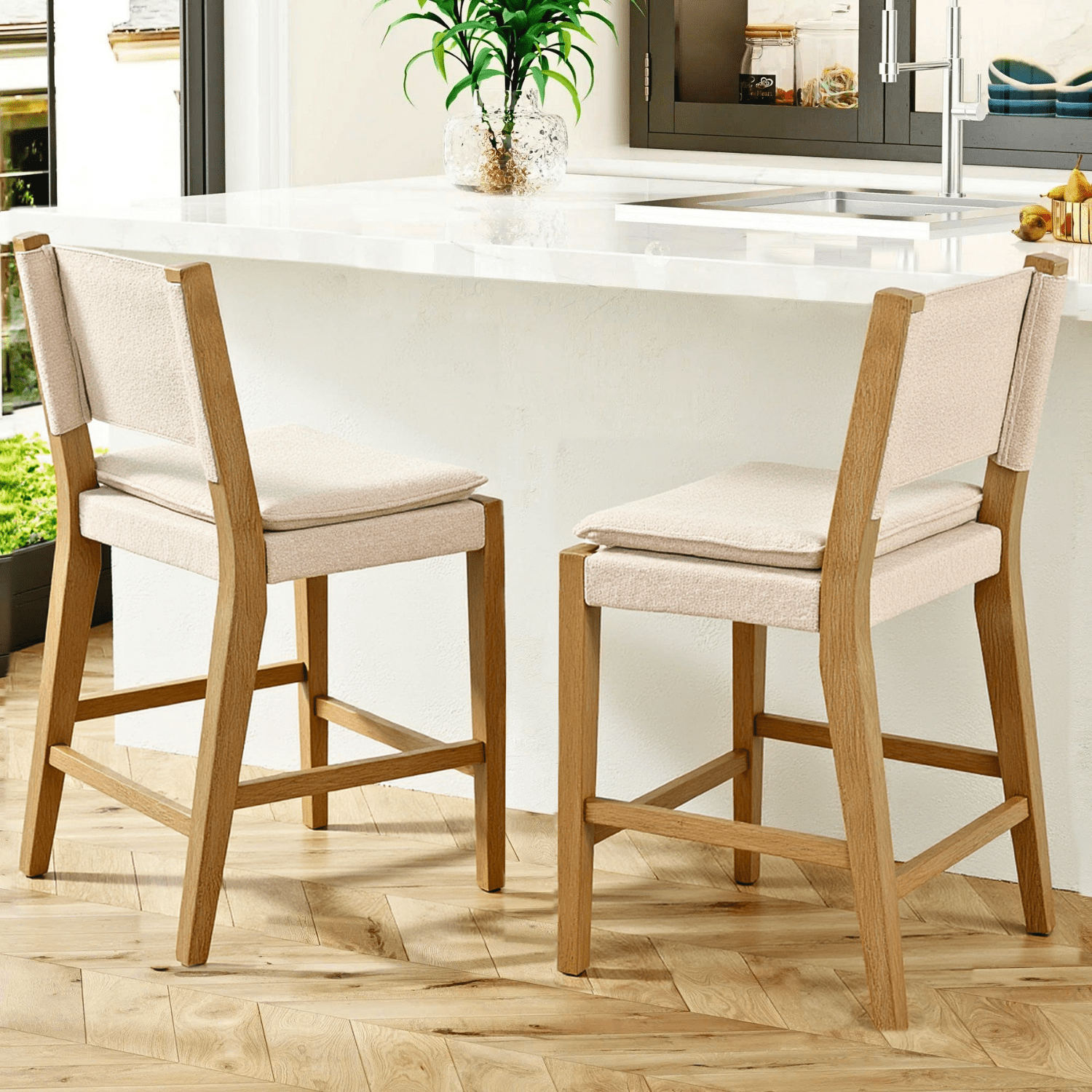 AllForWood Jayden Modern Upholstered Dining Chair Set of 2, Counterstool, Dining Seating with Solid Rubberwood Legs in a Embossed Brushed Light Brown Finish, Natural Flax, Mid Century Design.
