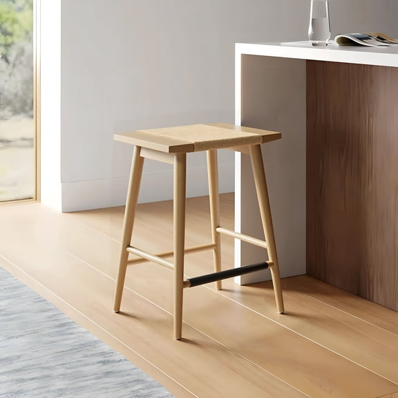 allforwood Wooden Backless Counter Height Stool 24" with Footrest & Hand-Knitted Rope (Light Brown)