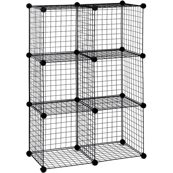 AllGoNicer 14"x14" Wire Grid Shelf Cubes, Patented Design, Sturdy and Long Last, Floor-Stand or Wall-Hang, Easy DIY Assembly (6cubes/23panels, Black)