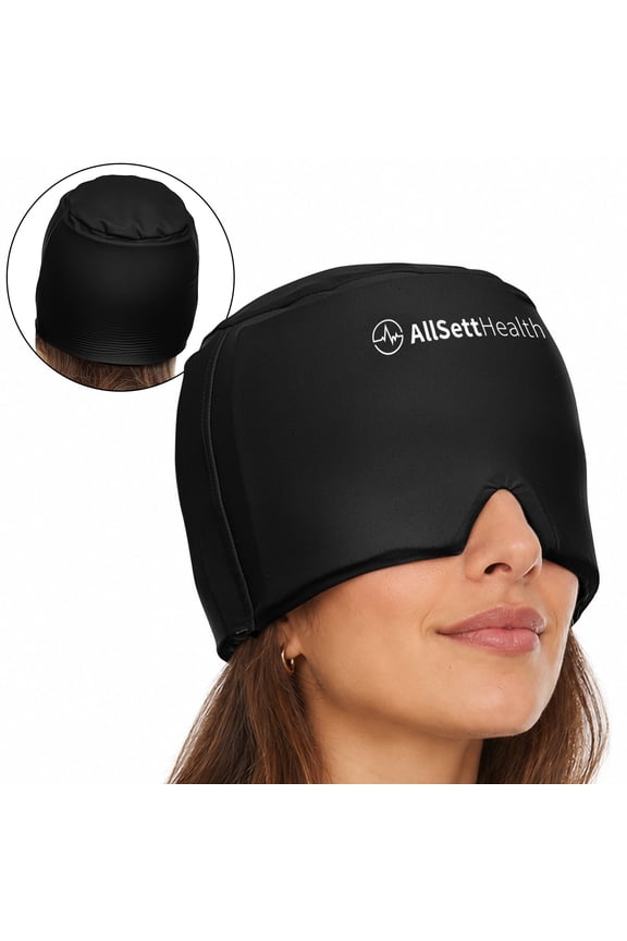 Natural Migraine & Headache Relief Cooling Cap | Hot & Cold Gel Head Wrap | 360° Coverage, Built-in Eye Mask | One Size Fits Most | Black