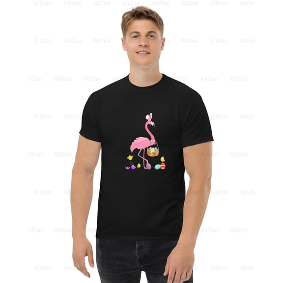 AllStar98 Pretty Easter Flamingo with Easter Basket Graphic Image Fun T-Shirt , for Unisex, up to size 5XL