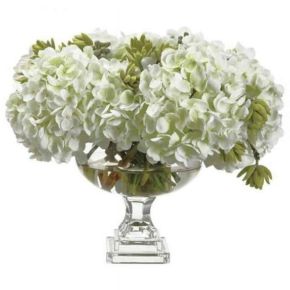 AllState Floral WF9313-WH-GR 17 x 21 x 21.5 in. Hydrangea & Sedum Arrangement in Footed Glass Vase, White & Green