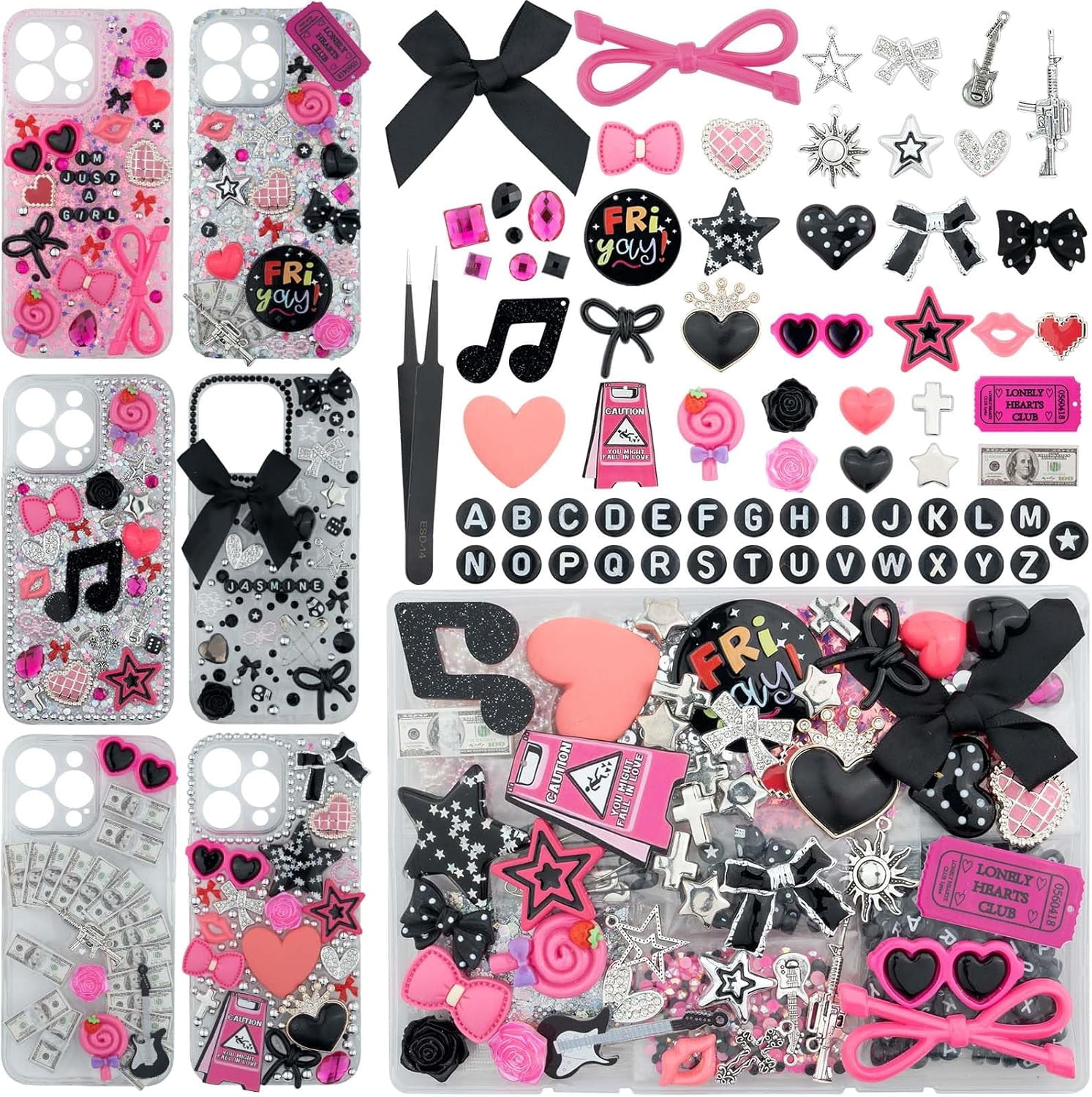 AllWays Plaza 1050 Pcs Junk Phone Case Charms Kit, Charms for Customizing Cases, Kawaii Bow, Letter Beads, Nail Accessories, Flatback Pearls, Rhinestones, Cute Aesthetic Decor for Personalization