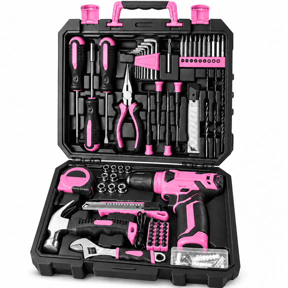 AllWays Plaza 126-Piece Home Tool Kit with 8V Cordless Drill, Built-In LED Light and Carry Case, Pink