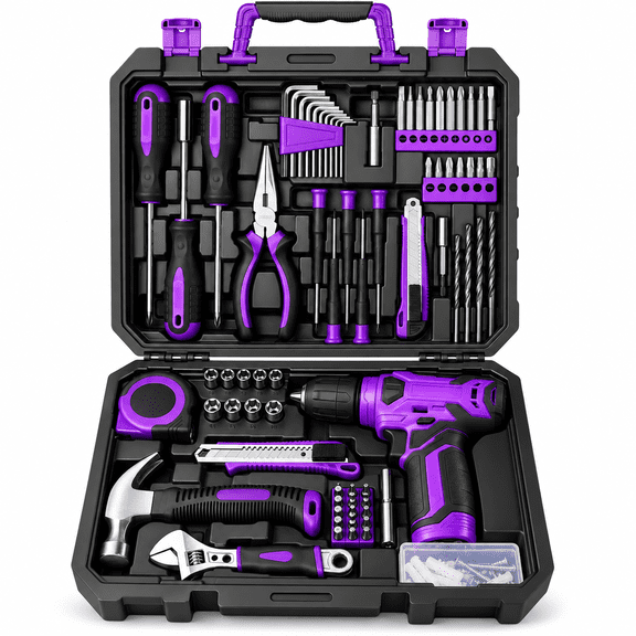 AllWays Plaza 126-Piece Home Tool Kit with 8V Cordless Drill, USB-C Charging and Carry Case, Purple