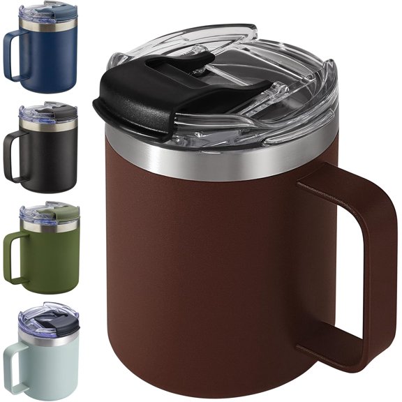 AllWays Plaza 12oz Insulated Coffee Mug Cup with Handle, Stainless Steel Travel Coffee Mug with Flip Lid, Double Wall Vacuum Coffee Tumbler,Nut Brown