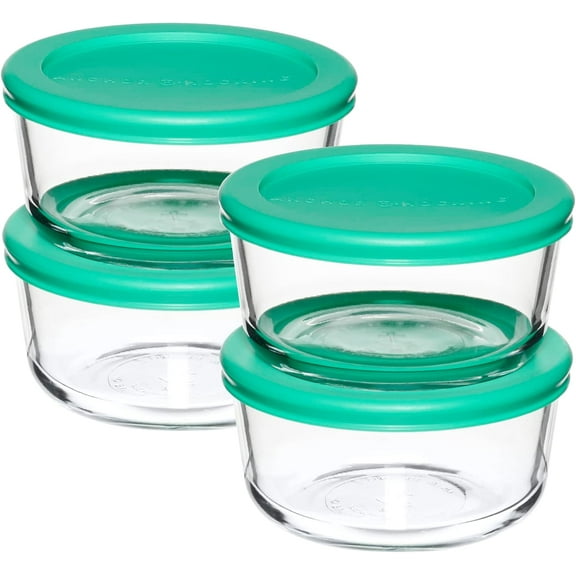 AllWays Plaza 2 Cup Glass Storage Containers with Lids, Set of 4 Glass Food Storage Containers with Mint SnugFit Lids