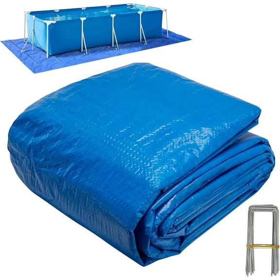20 x 12 Ft Rectangular Pool Ground Cloths, Waterproof PE Swimming Pool Liner Pad, Heavy Duty Above Ground Pool Mat Protector Tarp with Stakes for Pools Bottom Prevents Punctures