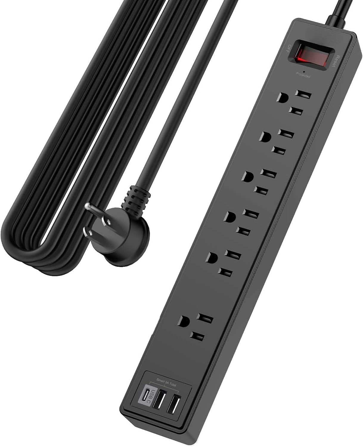 AllWays Plaza 20Ft Power Strip Surge Protector -  Extension Cord with 6 AC Outlets and 3 USB Ports for Home, Office, Dorm Essentials, 1680 Joules, ETL Listed, Black