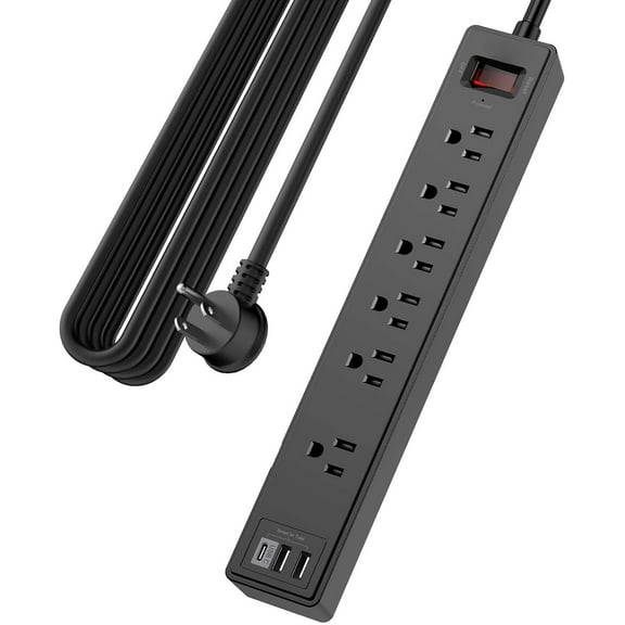 AllWays Plaza 20Ft Power Strip Surge Protector -  Extension Cord with 6 AC Outlets and 3 USB Ports for Home, Office, Dorm Essentials, 1680 Joules, ETL Listed, Black