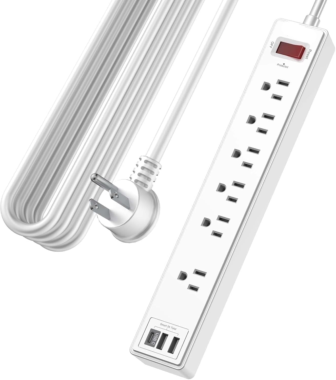 AllWays Plaza 20Ft Power Strip Surge Protector -  Extension Cord with 6 AC Outlets and 3 USB Ports for Home, Office, Dorm Essentials, 1680 Joules, ETL Listed, White