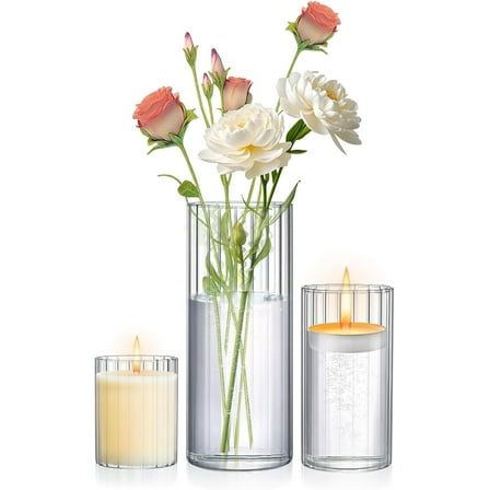 AllWays Plaza 3 Pack Ribbed Glass Cylinder Vases 4,6,10 Inch Tall Clear Flower Vase Hurricane Floating Candle Holder for Table Centerpiece Wedding Home Decor