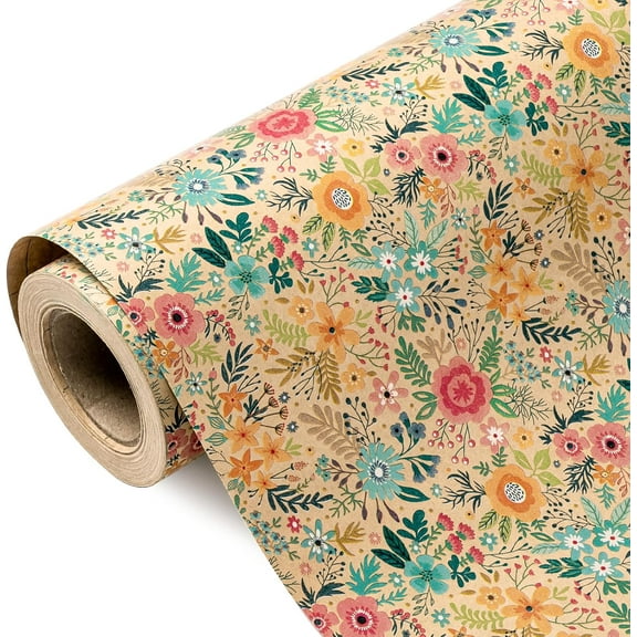 AllWays Plaza 30 Inch Kraft Floral Wrapping Paper Roll - 30 Inch x 33 Feet - Spring Summer Garden Flower Design Perfect for Wedding, Bridal Shower, Birthday