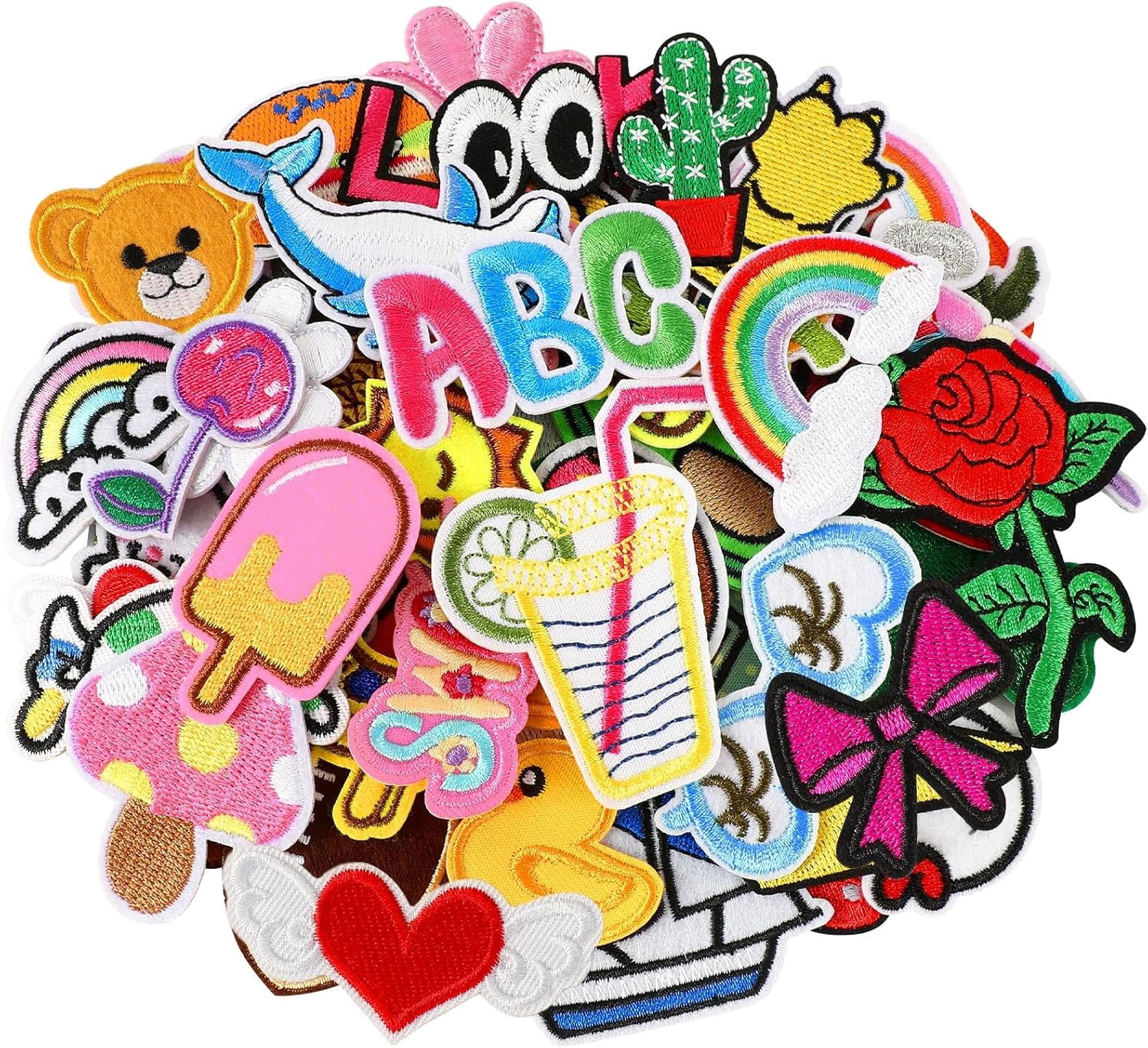 AllWays Plaza 60pcs Cartoon Embroidered Patches Random Assorted Styles Cute Theme Iron on Patches DIY Sew Applique Repair Patch Cute Preppy Sew on Patches for Backpacks Pants Clothes Jeans