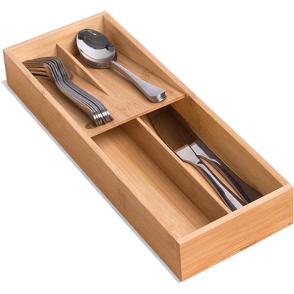 Bamboo Silverware Drawer Organizer, Kitchen Small Silverware Organizer, Utensil Tray Holder, Cutlery Tray for Spoons, Forks, Knives, Suitable for a family of 2-4