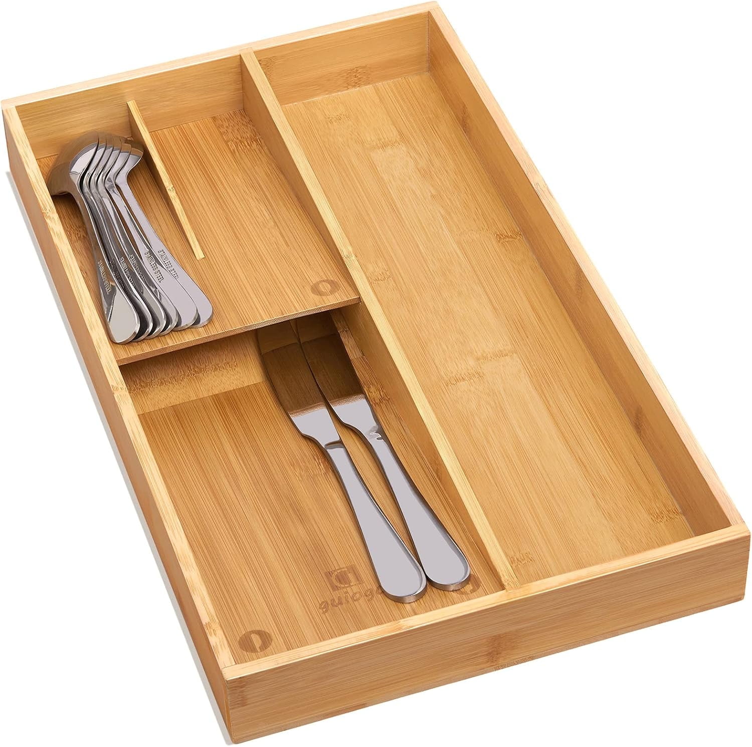 AllWays Plaza Bamboo silverware tray organizer, Utensil Holder and Cutlery Tray for Drawer, Kitchen Drawer Organizer Divider for Spoons Forks Knives