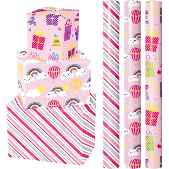 AllWays Plaza Birthday Wrapping Paper Roll - Mini Roll - 3 Rolls - 17 Inch X 120 Inch Per Roll - Pink Rainbow, Birthday Gift Boxes, Stripes for Kid's Birthday, Baby Shower