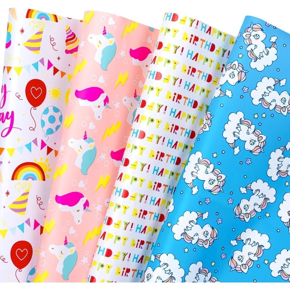 AllWays Plaza Birthday Wrapping Paper Sheet - 12 Sheets Unicorn Rainbow Pony Pink Blue Design Folded Flat for Birthday, Party, Baby Showers - 19.7 Inch X 30 Inch Per Sheet