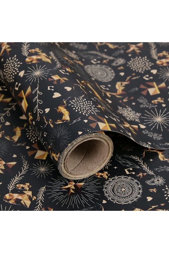 AllWays Plaza Black Gold Kraft Christmas Wrapping Paper Roll, Reindeer Snowflakes Stars Design, Xmas Gift Wrap Paper 17 inch x 10 ft