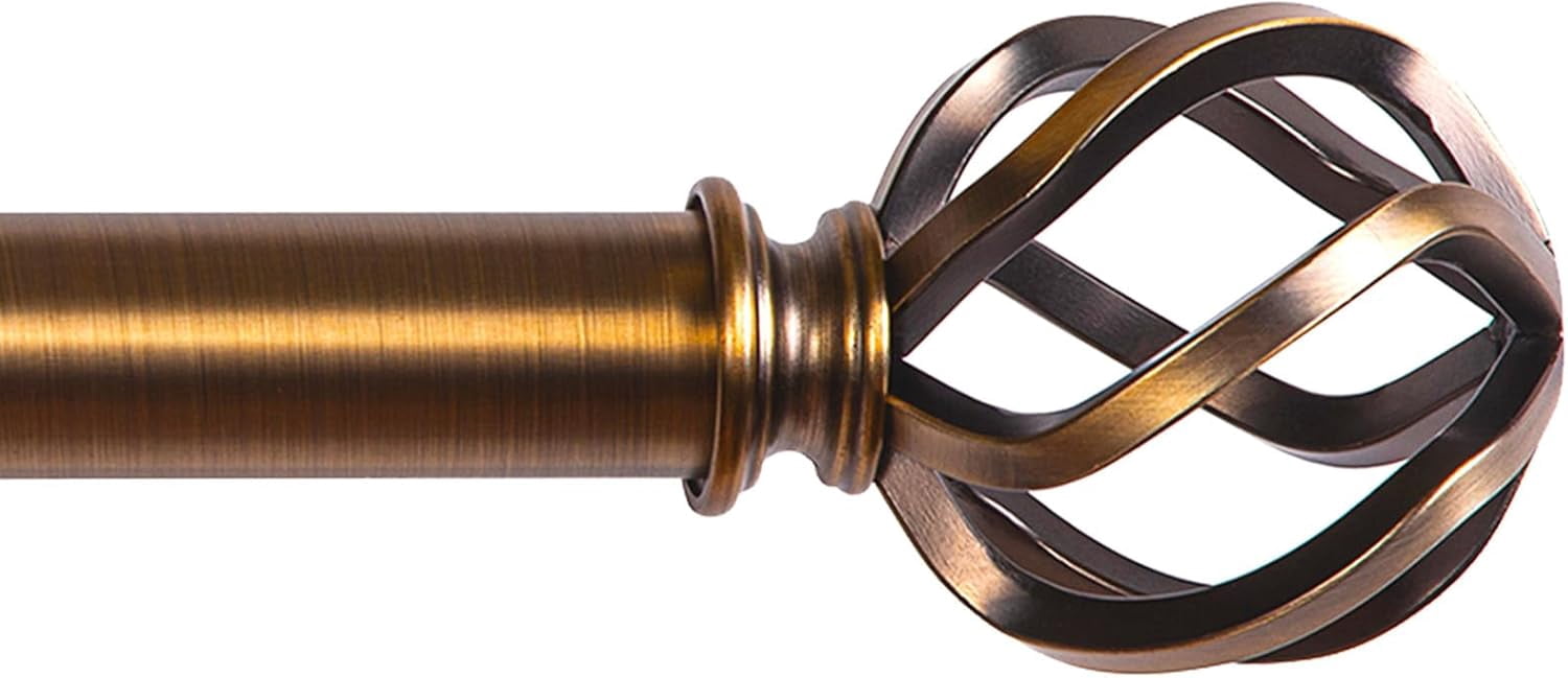 AllWays Plaza Brass Curtain Rods 18 to 144 Inches, 1 Inch Modern Drapery Rods, Adjustable Heavy Duty Curtain Rod, with Twisted Cage Finial for Home & Office (18"-144" Antique Brass)