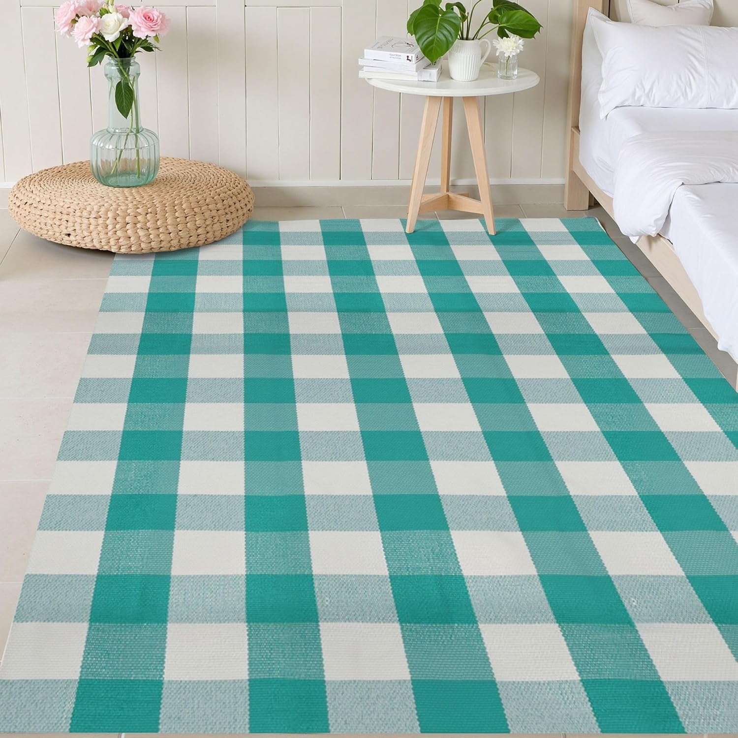 AllWays Plaza Buffalo Plaid Outdoor Rug 4'x6' Light Blue and White Checkered Area Rug Washable Doormat Cotton Boho Bedroom Rug for Kitchen Entryway Hallway Front Door Farmhouse Living Room