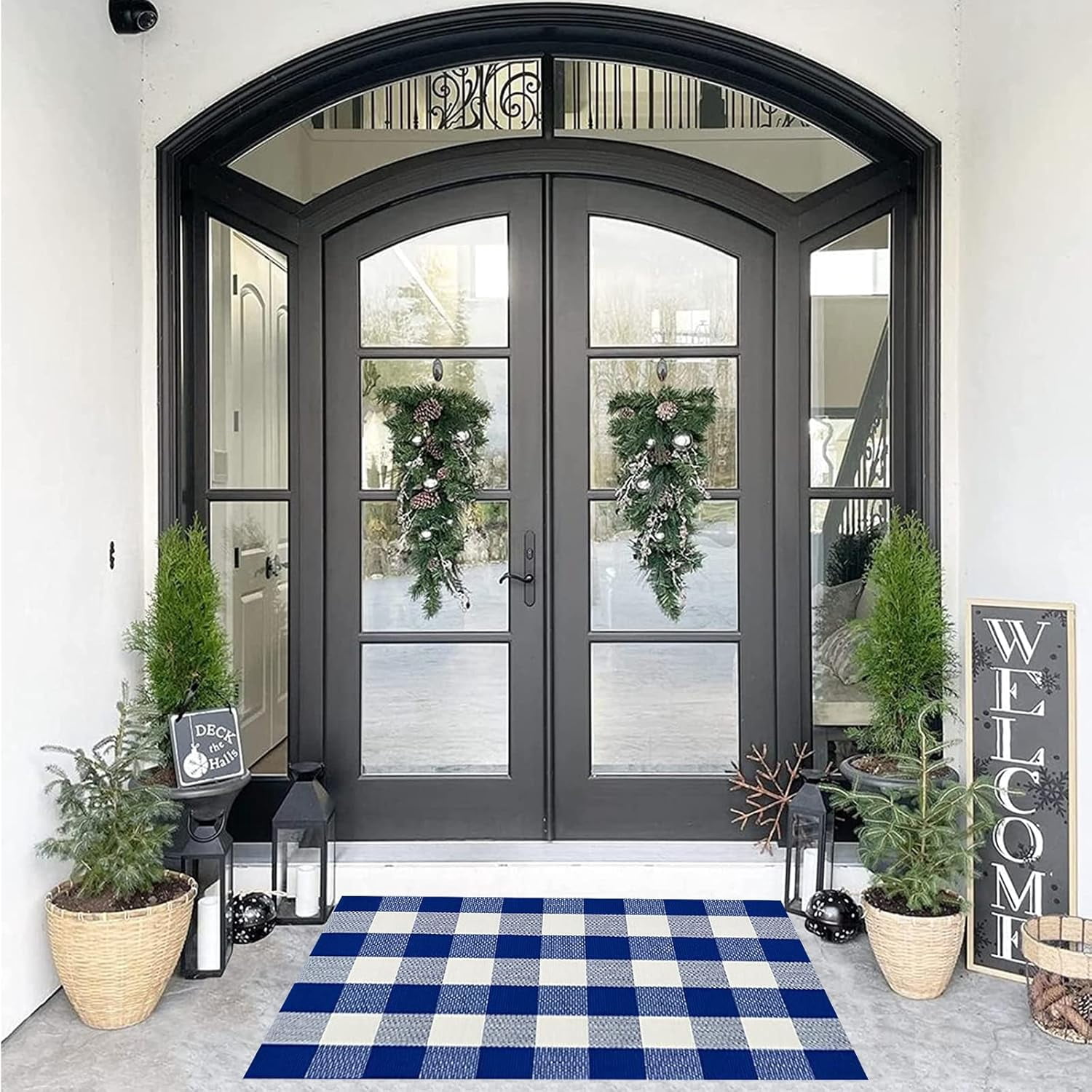 AllWays Plaza Cotton Buffalo Plaid Rug 27.5"x43" Blue and White Checked Rug Washable Doormats Indoor Outdoor Rugs for Layered Front Door Mats, Porch, Kitchen, Farmhouse, Entryway