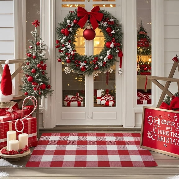 AllWays Plaza Cotton Buffalo Plaid Rug 27.5"x43" Red and White Checked Rug Washable Doormats Indoor Outdoor Rugs for Layered Front Door Mats, Porch, Kitchen, Farmhouse, Entryway