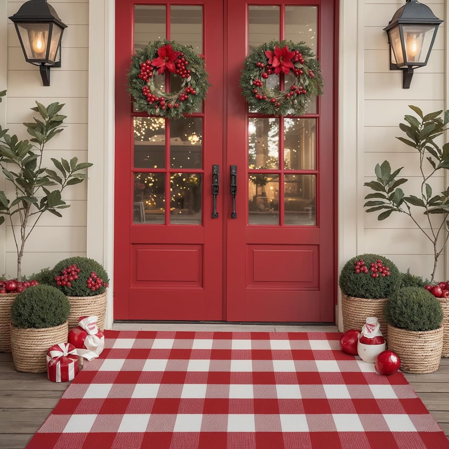 AllWays Plaza Cotton Buffalo Plaid Rug 3'x5' Red and White Checked Rug Washable Doormats Indoor Outdoor Rugs for Layered Front Door Mats, Porch, Kitchen, Farmhouse, Entryway