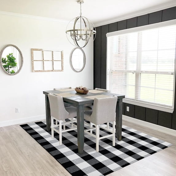 AllWays Plaza Cotton Buffalo Plaid Rug 4'x6' Black and White Checked Washable Doormats Indoor Outdoor Rugs Cotton Boho Bedroom Rug for Kitchen Farmhouse Living Room