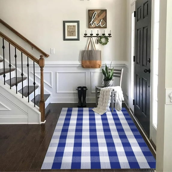 AllWays Plaza Cotton Buffalo Plaid Rug 4'x6' Blue and White Hand Woven Checked Rug Washable Doormats Indoor Outdoor Rugs for Layered Front Door Mats, Porch, Kitchen, Farmhouse, Entryway