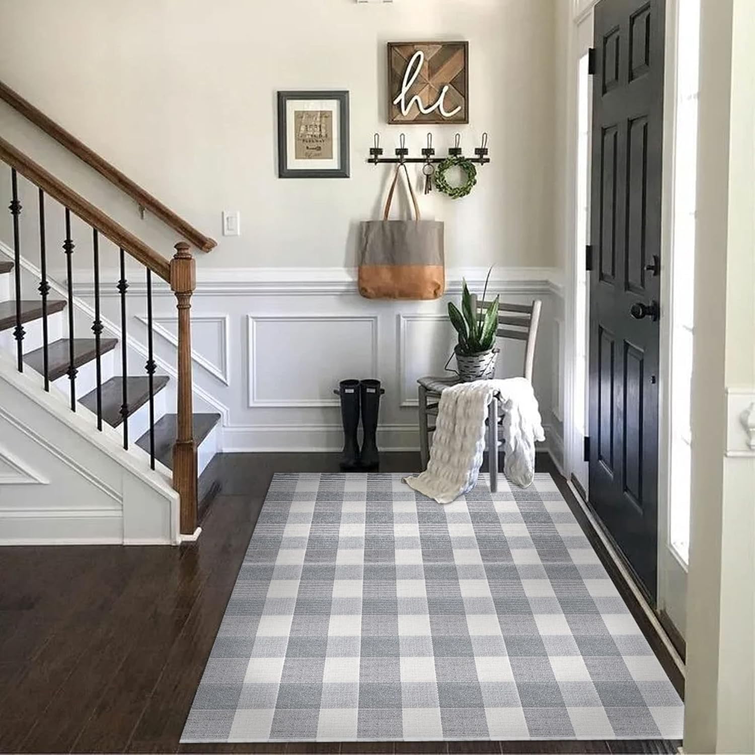 AllWays Plaza Cotton Buffalo Plaid Rug 4'x6' Gray and White Checked Rug Washable Doormats Indoor Outdoor Rugs for Layered Front Door Mats, Porch, Kitchen, Farmhouse, Entryway