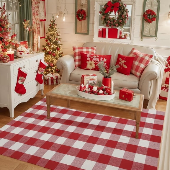 AllWays Plaza Cotton Buffalo Plaid Rug 4'x6' Red and White Checked Rug Washable Doormats Indoor Outdoor Rugs for Layered Front Door Mats, Porch, Kitchen, Farmhouse, Entryway
