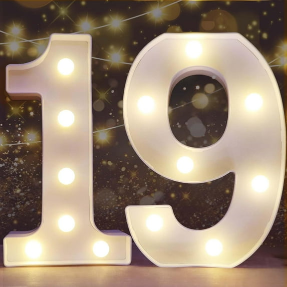 AllWays Plaza Decorative Led Light Up Number Letters, White Plastic Marquee Number Lights Sign for 19th Birthday Party Wedding Decor Battery Operated Number (19)