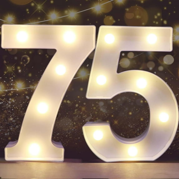 AllWays Plaza Decorative Led Light Up Number Letters, White Plastic Marquee Number Lights Sign for 75th Birthday Party Wedding Decor Battery Operated Number (75)