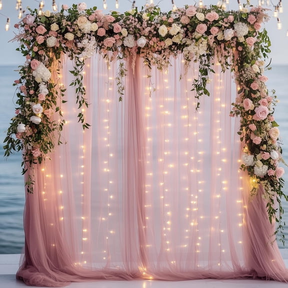 AllWays Plaza Dusty Rose Tulle Backdrop Curtains with Lights String 10FT X 8FT Sheer Curtain with Lights Tulle Curtains Backdrop for Wedding Birthday Party Photo Shoot (2 Panels 5x8FT)