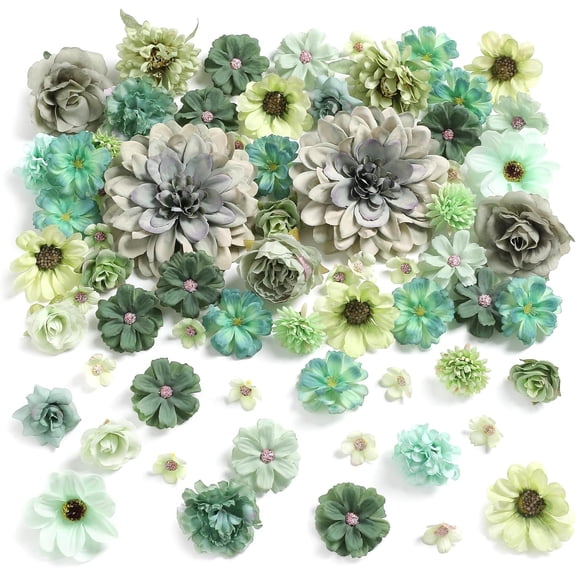 AllWays Plaza Fake Flower Heads Mini Artificial Flower Forest Green Faux Dahlia Rose Flowers for Crafts Cake Blossom Wreath Bouquets for Wedding Bridal Party Baby Shower Graduation Season Home Decor