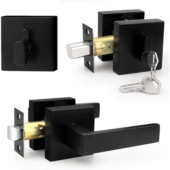 AllWays Plaza Flat Black Passage Door Lever with Single Cylinder Deadbolts Combo Pack, Modern Square Lock Set Handleset,Exterior Handle and Set,Exterior