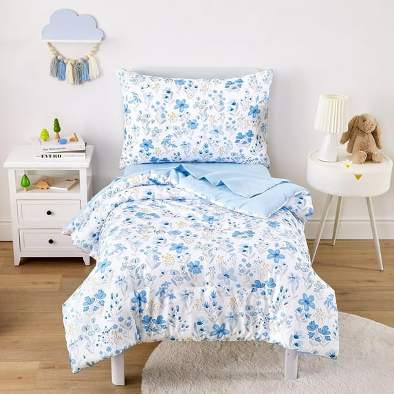 AllWays Plaza - Floral Toddler Bedding Set for Girls, Cute Colorful Botanical Flowers, 4 Pieces Soft Crib Bed Set Including Comforter, Sheets and Pillowcase, Blue White