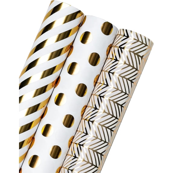 AllWays Plaza Gold Birthday Wrapping Paper Roll - Mini Roll - 3 Rolls - 17 Inch x 120 Inch Per roll - Gold Design for Birthday, Baby Shower, Wedding, Party, Holiday