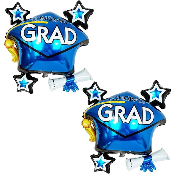 AllWays Plaza Graduation Cap Foil Balloons – 2-Pack Blue “Congrats Grad” Party Decoration, Mylar Graduation Balloons