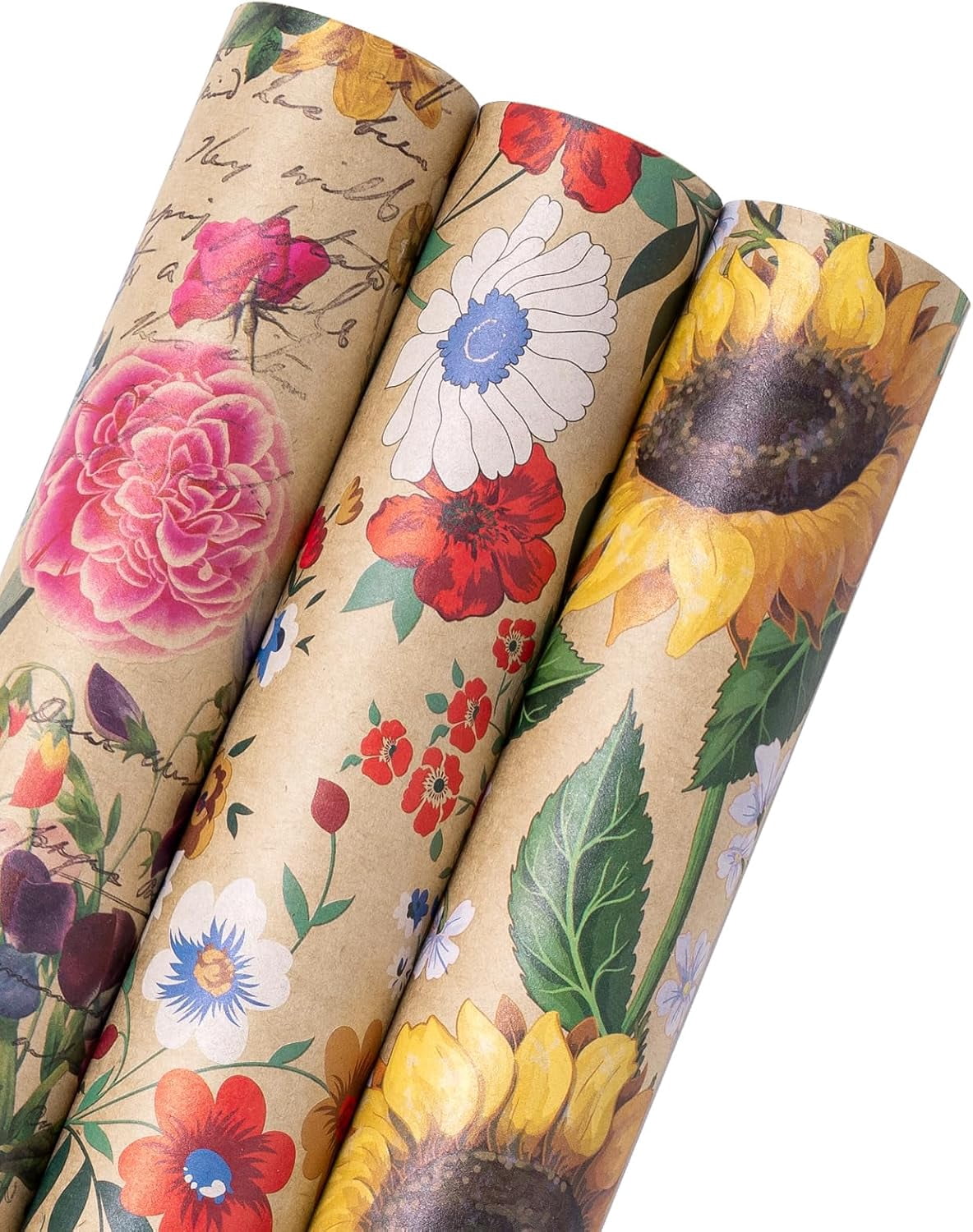 AllWays Plaza Kraft Floral Wrapping Paper - Mini Roll - 3 Rolls - 17 Inch x 120 Inch - All Occasion Vintage Flower and Sunflorwer Design for Wedding Bridal Shower Birthday