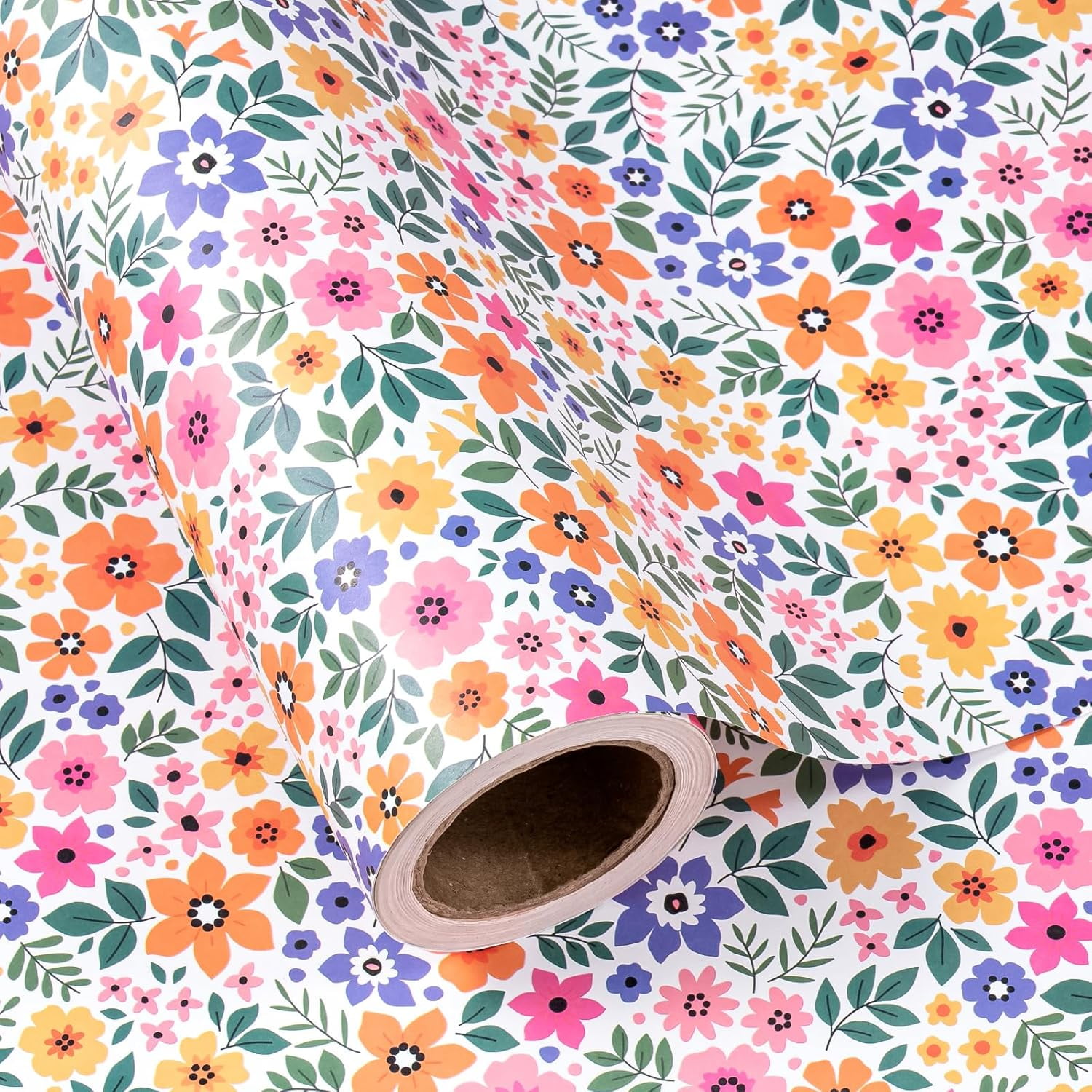 AllWays Plaza Kraft Floral Wrapping Paper Roll - Mini Roll - 17 Inch x 33 Feet - Ditsy Flower Wrapping Paper, Perfect for Wedding, Birthday, Bridal Shower, Tea Party